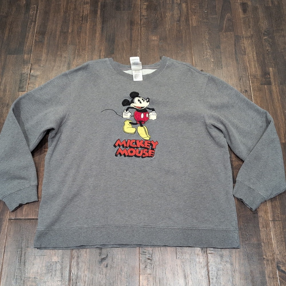 Vintage Disney Store Mickey Mouse Embroidered Sweatshirt Large‎ Gray Cotton Y2K